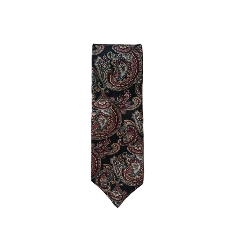Sutter and Grant Black Burgundy Men's Silk Paisley Print Neck Tie  USA 3.5" X 60